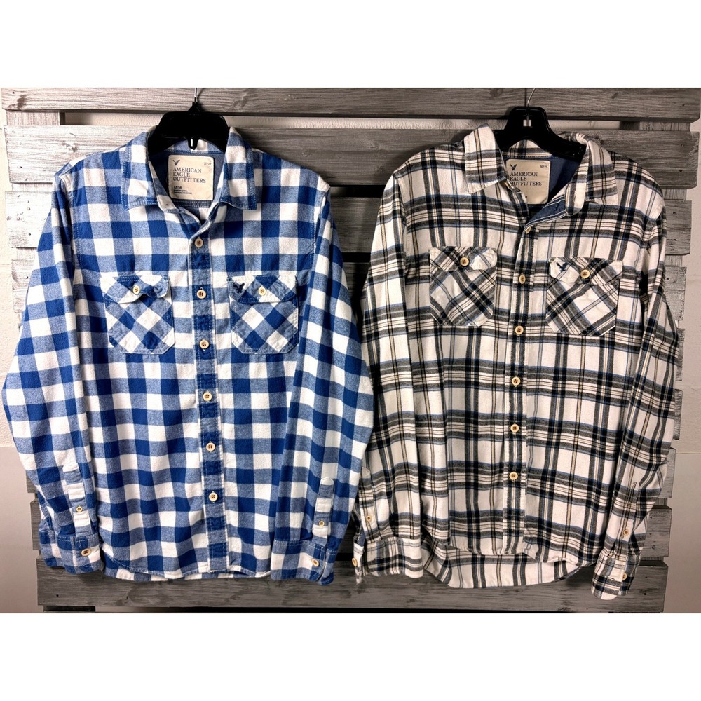 American Eagle Outfitters Mens Flannel Shirt Lot 2 Blue Plaid Buffalo M vtg y2k